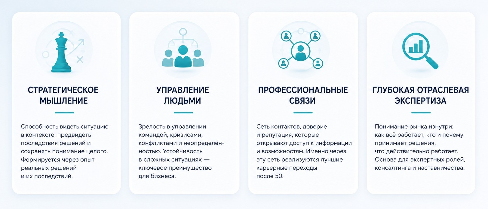 Четыре сильные стороны профессионалов 50+: стратегическое мышление, управление людьми, профессиональные связи, отраслевая экспертиза