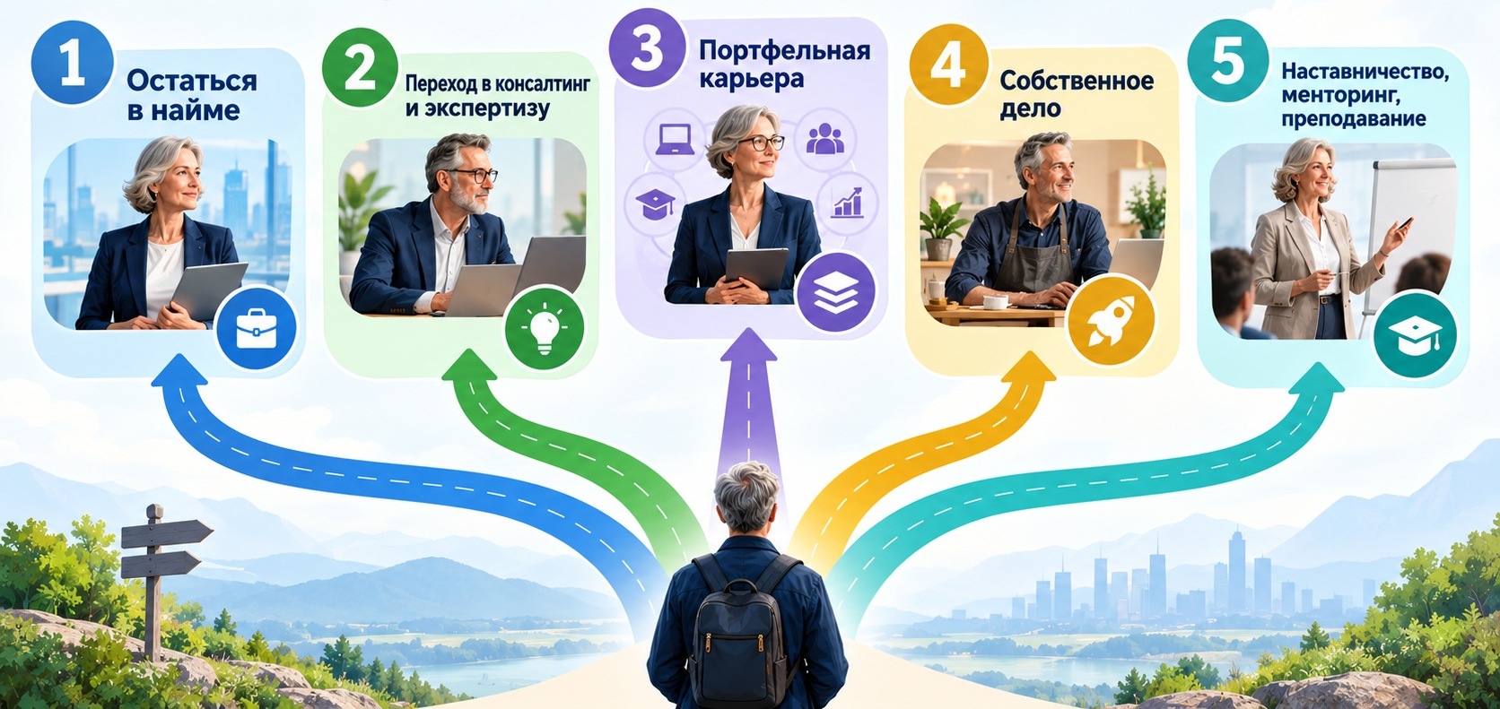 Пять карьерных сценариев после 50: остаться в найме, консалтинг, портфельная карьера, собственное дело, наставничество