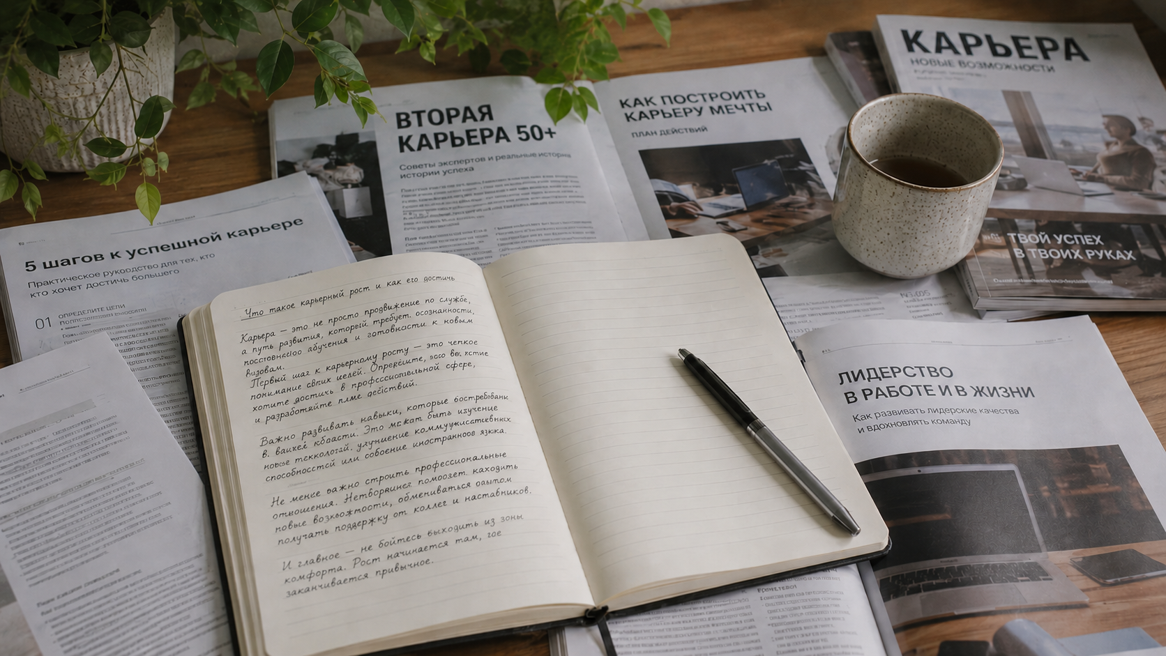 Блокнот, ручка и журналы о карьере на столе